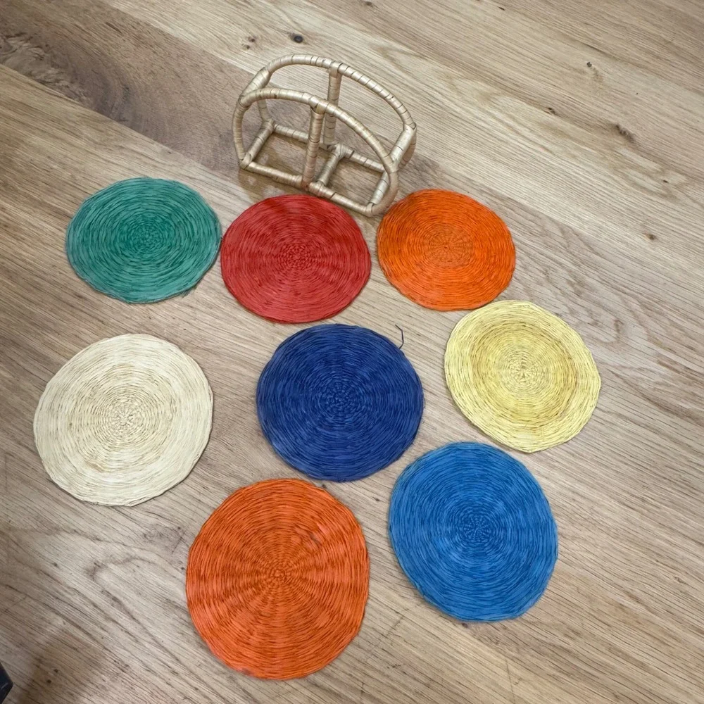 Vintage Woven Raffia Coasters Set of 8 with Wicker Holder Multicolor Boho‎ Decor